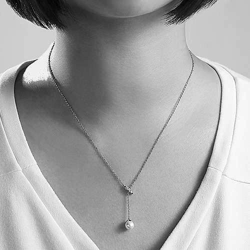 Gabriel & Co. 14k White Gold Pearl and Diamond Y-Knot Drop Necklace