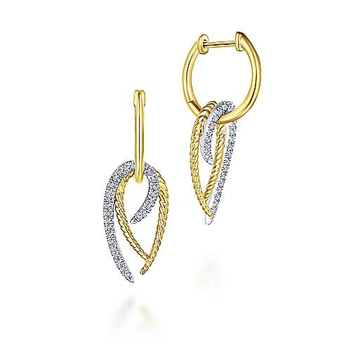 14K Yellow-White Gold Twisted Rope and Diamond Hook Huggie Earrings by Gabriel & Co