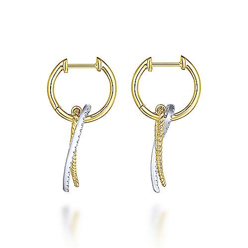 14K Yellow-White Gold Twisted Rope and Diamond Hook Huggie Earrings by Gabriel & Co
