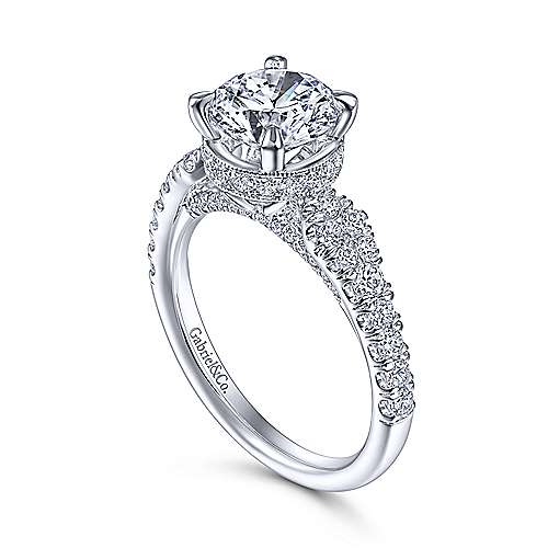 14 karat white gold graduated double row diamond accented engagement ring by Gabriel & Co. Centre stone not included.