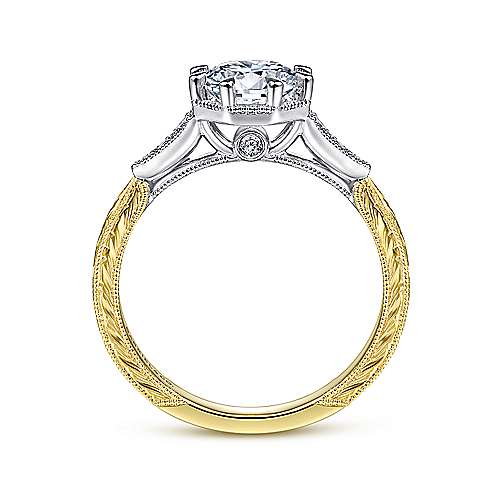 14K White & Yellow Gold Vintage Inspired 8 Claw Round Engagement Ring by Gabriel & Co. Centre stone not included.