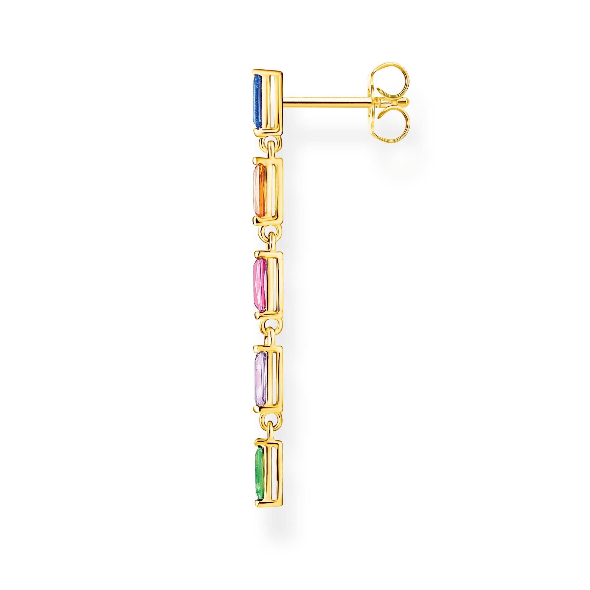 Thomas Sabo sterling silver 18k yellow gold plated, 5 rainbow baguette stones, dangle drop single stud earring