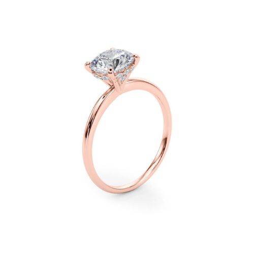 14k gold hidden halo engagement ring features a 1.05ct carat lab grown round brilliant cut diamond SI1 clarity, I colour, excellent-very good cut, IGI certified.