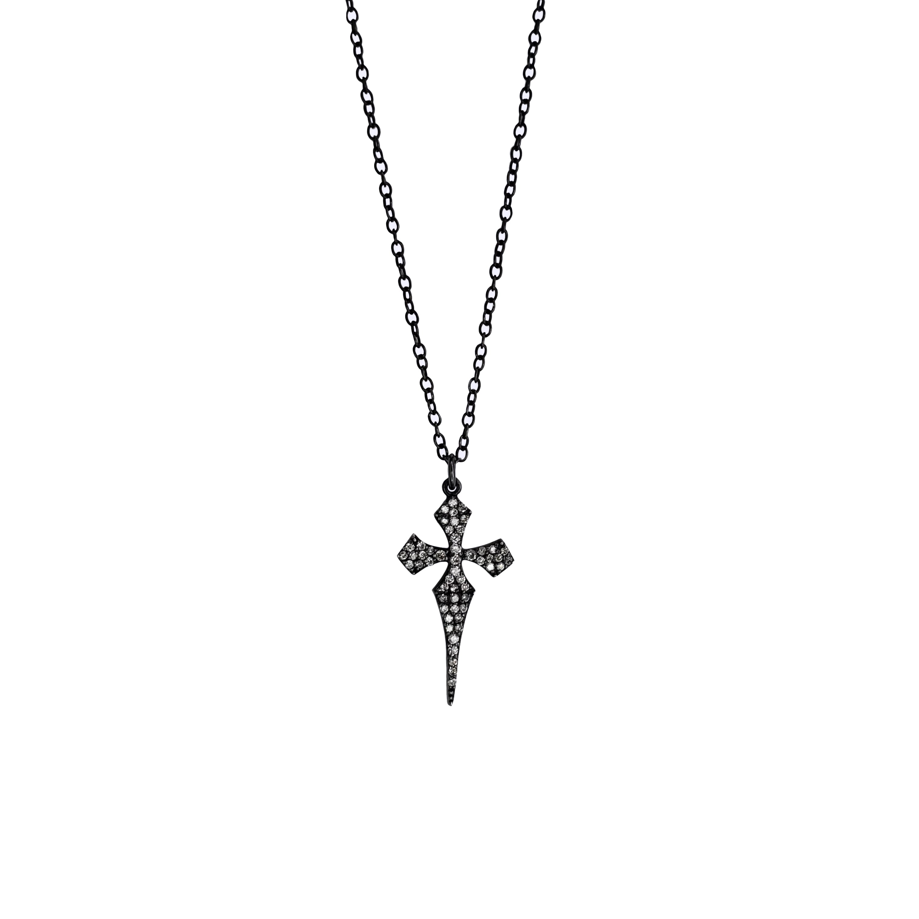 Blackened Sterling Silver and Diamond Cross Pendant Necklace