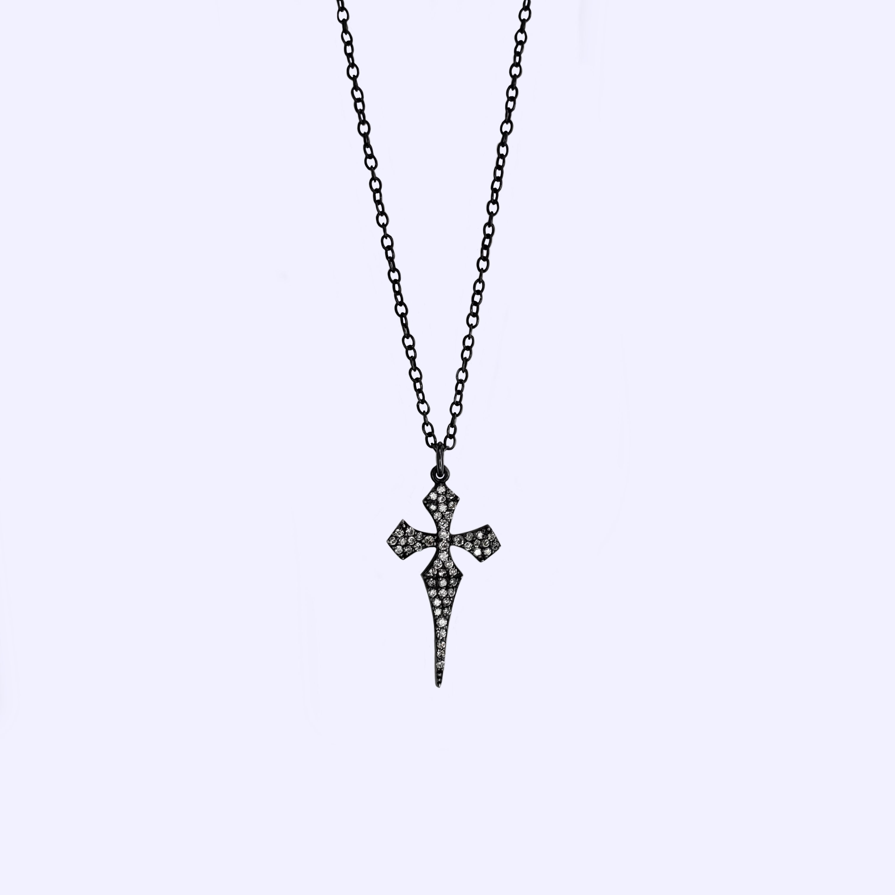 Blackened Sterling Silver and Diamond Cross Pendant Necklace