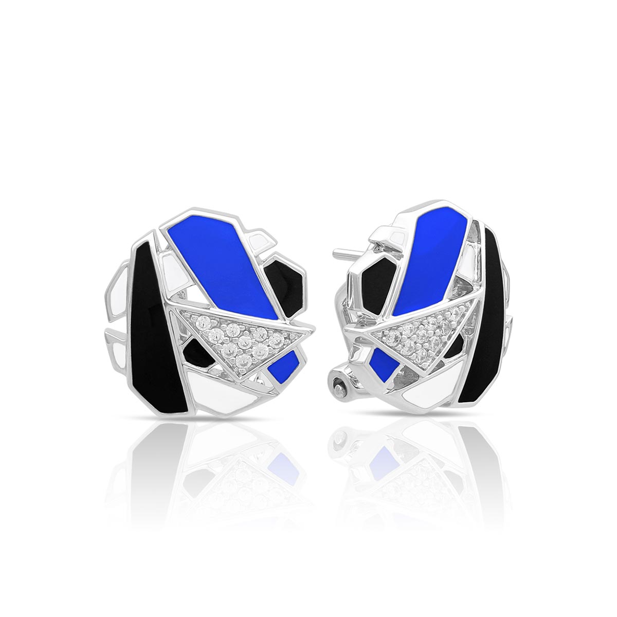 Blue, black and white enamel with white and black zirconias earrings in sterling silver by Belle Etoile