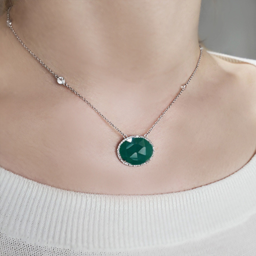 Petit Bijoux Designer Sterling Silver And Genuine Green Oval Chalcedony Pendant