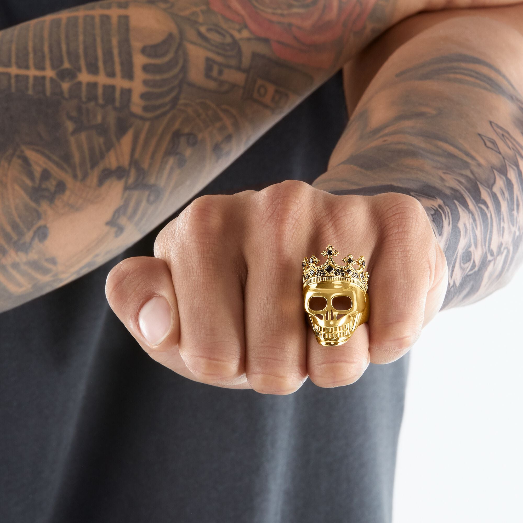 Thomas Sabo 18k Gold Plated Skull King Ring on  a man's hand