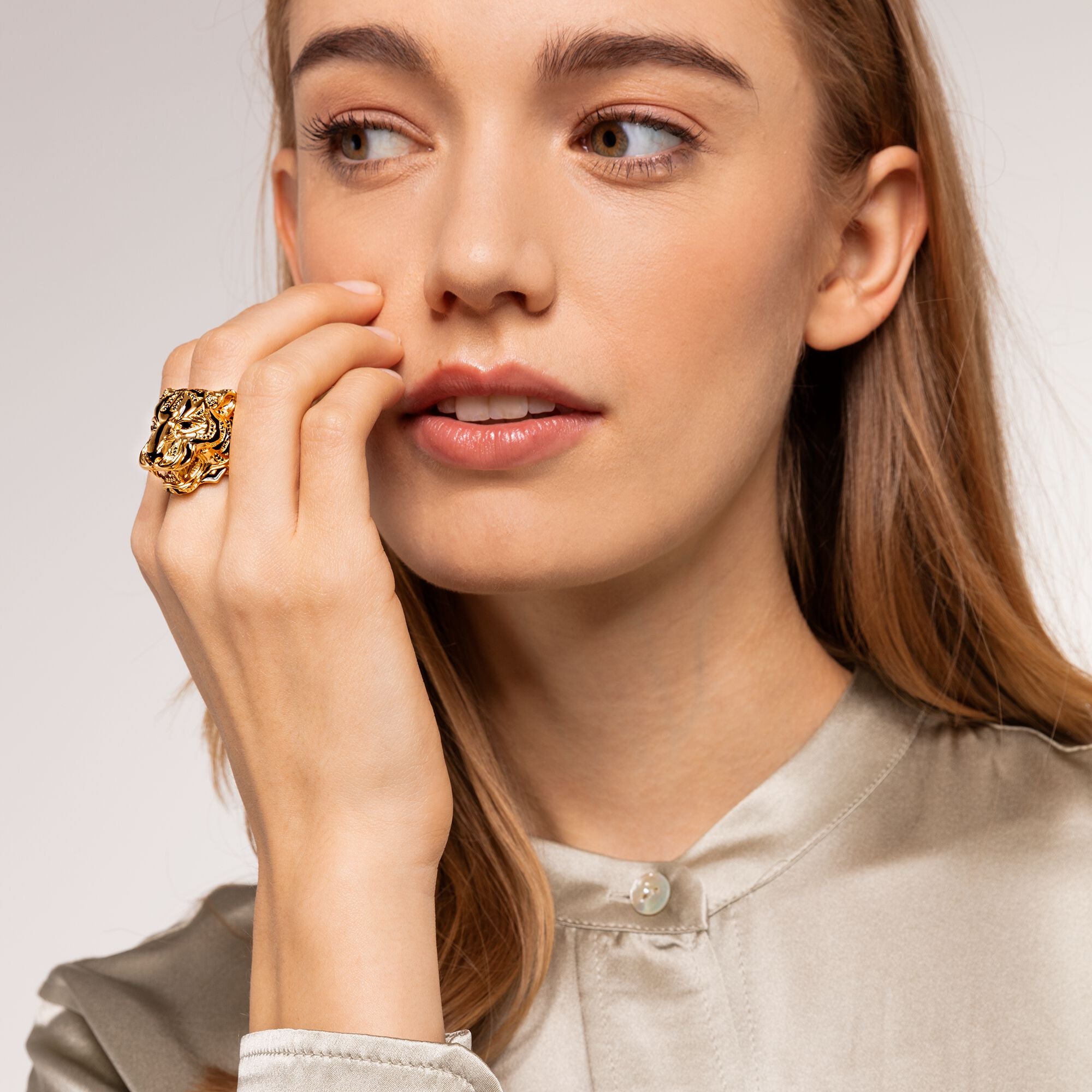 Thomas Sabo Yellow Gold Plated Tiger Ring on a woman's hand
