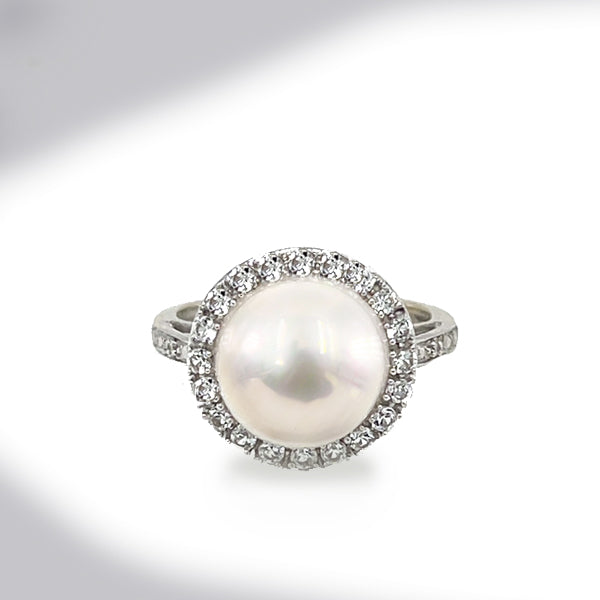 Estate 14K Button Pearl And CZ Ring
