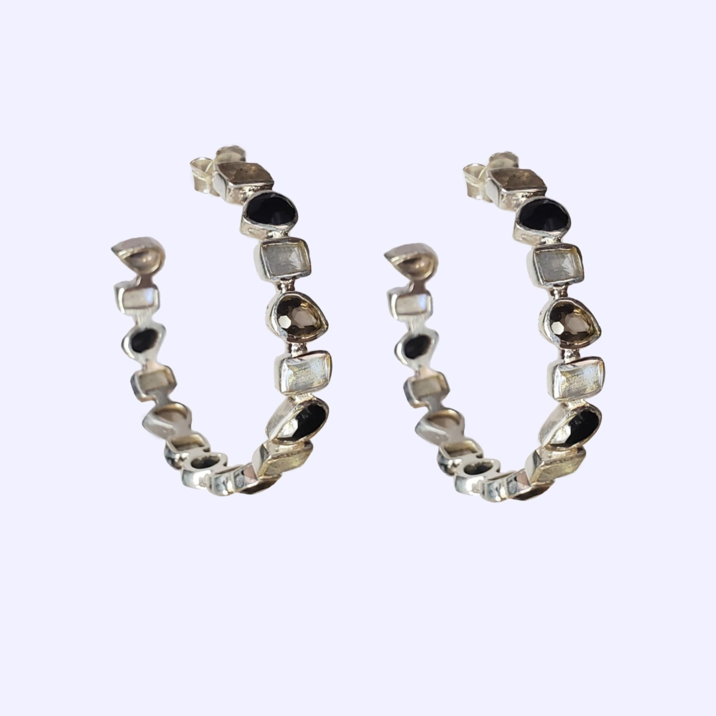 Petit Bijoux Sterling Silver Genuine Onyx & Labradorite inside out Hoop Earrings