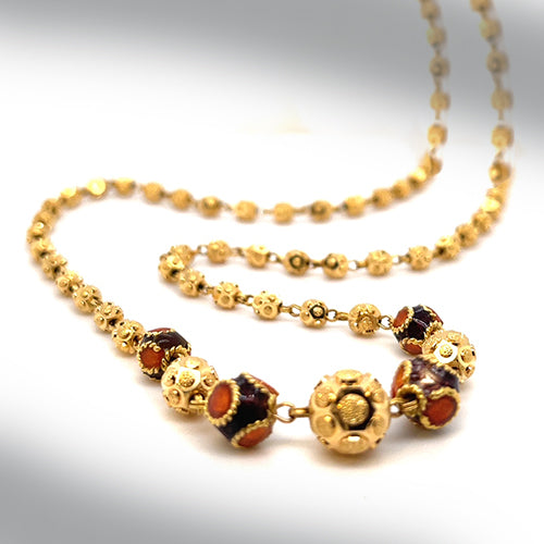 Vintage 18K Yellow Gold Enameled Bead Necklace