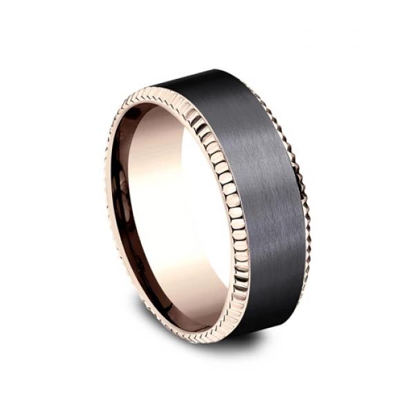 8mm 14 karat rose gold and black tantalum ring with satin finish and detailed edge