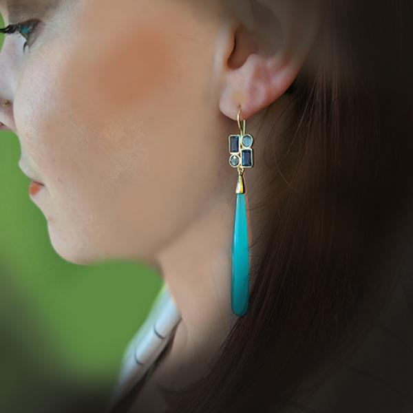 Petit Bijoux 18k Yellow Gold Plate Sterling Silver Aqua Chalcedony Drop with Iolite Hydro and Labrodorite Earrings