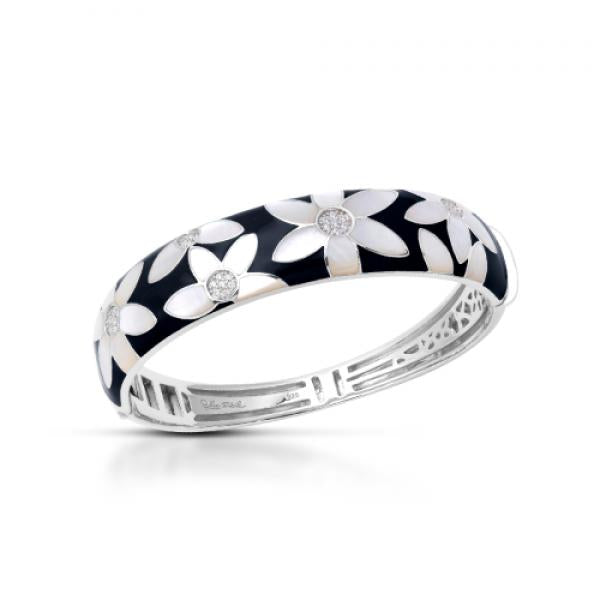 Black enamel and white mother of pearl moonflower design bangle bracelet in sterling silver by Belle Etoile
