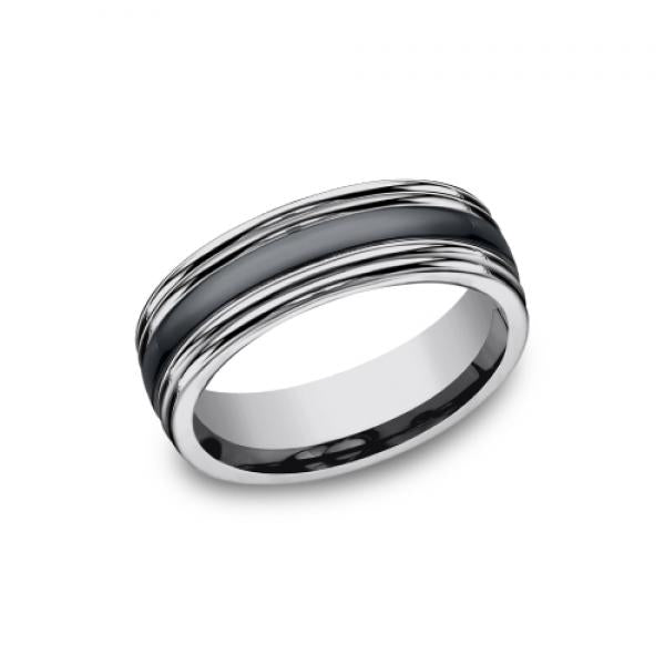 7mm tungsten and black ceramic inlay ring with double edges
