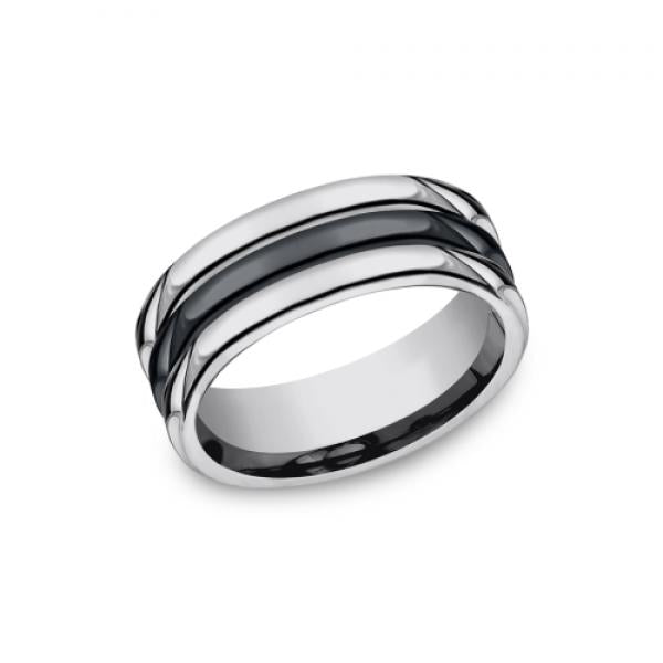 8.5mm tungsten and black ceramic grooved inlay ring