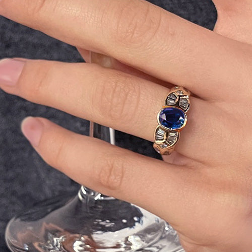 Vintage 14K Two-Tone Oval Sapphire With Round And Baguette Diamonds