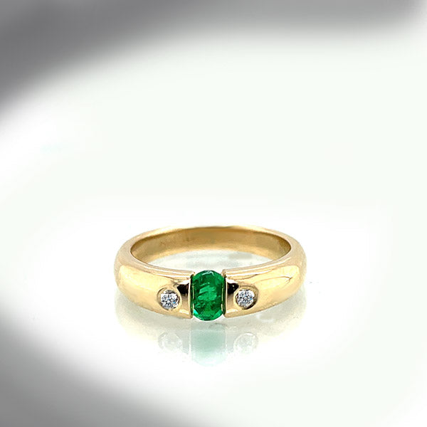 Estate 14K Yellow Gold Ring With Oval Emerald And Side Diamonds