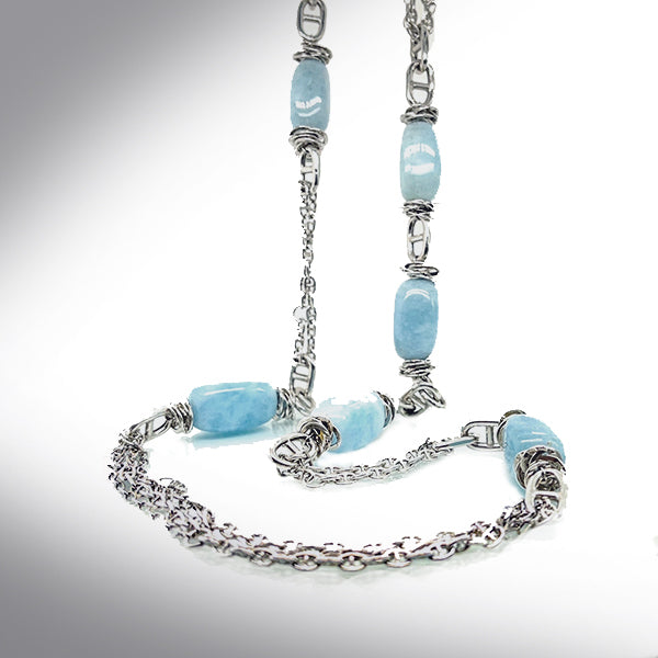 Estate Italian Designer Sterling Silver 36" Multi Chain Aqua Quartz Stone Necklace