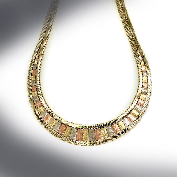 Vintage 14K Three Tone Gold Brick Link Collar Necklace
