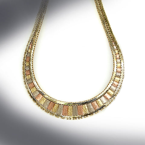 Vintage 14K Three Tone Gold Brick Link Collar Necklace TrueBijoux