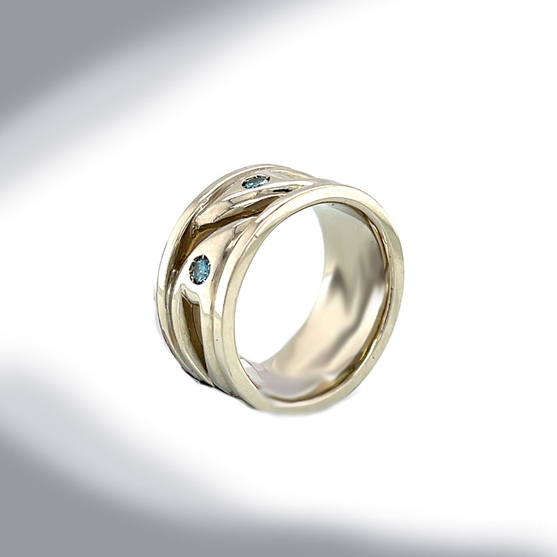 Estate 18K White Gold Carved Designer Ring with Blue Diamonds
