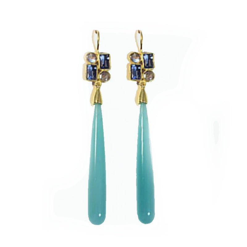 Petit Bijoux 18k Yellow Gold Plate Sterling Silver Aqua Chalcedony Drop with Iolite Hydro and Labrodorite Earrings