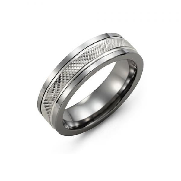 7mm tungsten and 10 karat white gold ring with criss cross inlay, by madani