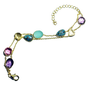 Petit Bijoux 18k Yellow Gold Plate Sterling Silver Double-Strand Bracelet with Amethyst, Turquoise, Aqua Chalcedony & Pink Tourmaline