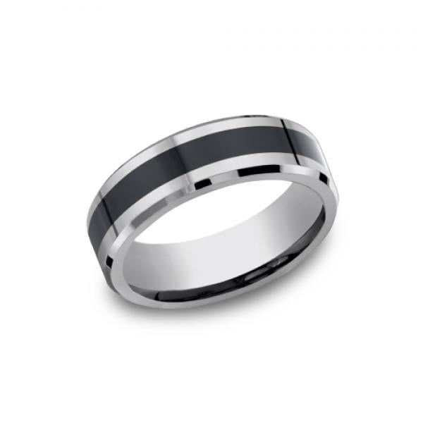 7mm tungsten and black ceramic inlay ring with high polish finish