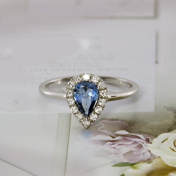 14k karat white gold, 0.59 carat, pear cut, aquamarine, diamond halo, ring