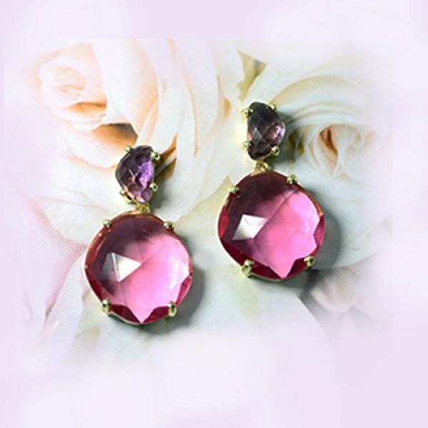 Petit Bijoux 18k Yellow Gold Plate Sterling Silver Gum Drop Pink Tourmaline and Amethyst Earrings