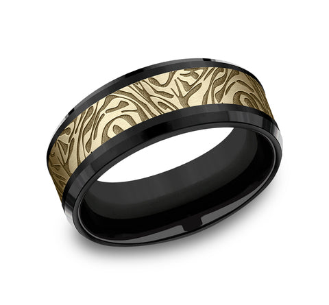 Benchmark 8mm 14k Yellow Gold & Black Titanium Engraved Swirl Wedding Ring