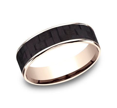 Benchmark 6.5mm 14k Rose Gold & Black Carbon Fiber Weaved Pattern Wedding Ring