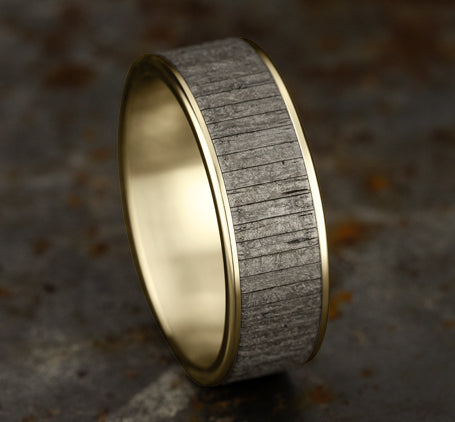 Benchmark 7.5mm 14k Yellow Gold & Grey Tantalum Wood Split Wedding Ring