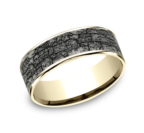 Benchmark 7.5mm 14k Yellow Gold & Sculpted 'Stone Wall' Grey Tantalum Wedding Ring