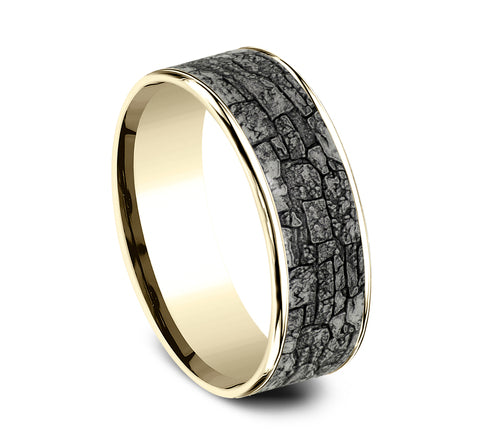 Benchmark 7.5mm 14k Yellow Gold & Sculpted 'Stone Wall' Grey Tantalum Wedding Ring