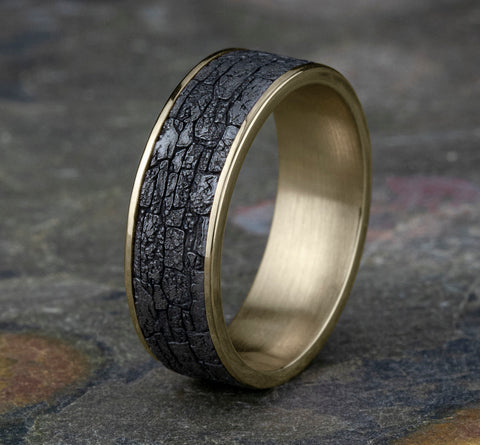 Benchmark 7.5mm 14k Yellow Gold & Sculpted 'Stone Wall' Grey Tantalum Wedding Ring