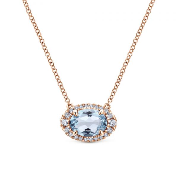 14k Rose Gold Oval Aquamarine and Diamond Necklace by Gabriel & Co