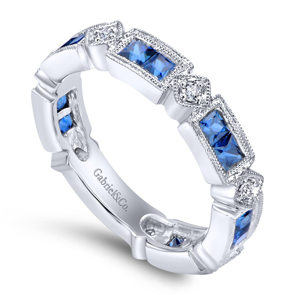 14 karat white gold, blue princess cut sapphires and round diamonds, eternity ring