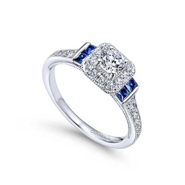 Gabriel & Co. 14k White Gold Sapphire & Diamond 3 Stone Halo Engagement Ring