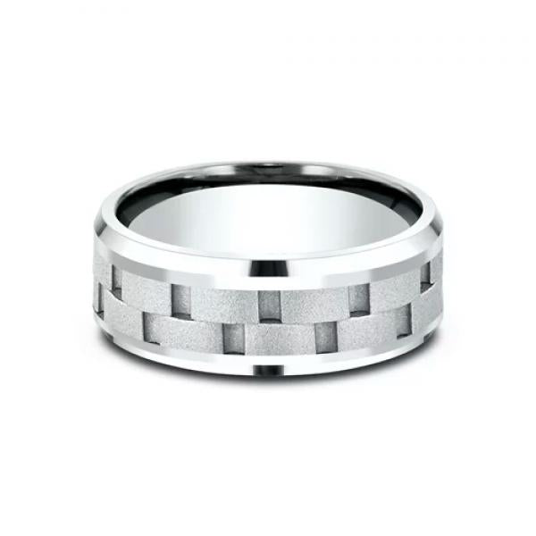 8mm 14 karat white gold ring with sculptural brick inlay satin finished
