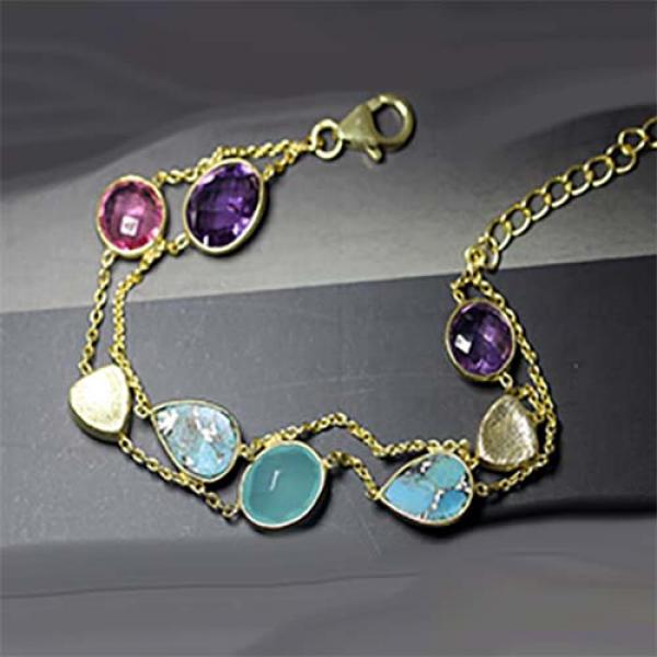 Petit Bijoux 18k Yellow Gold Plate Sterling Silver Double-Strand Bracelet with Amethyst, Turquoise, Aqua Chalcedony & Pink Tourmaline