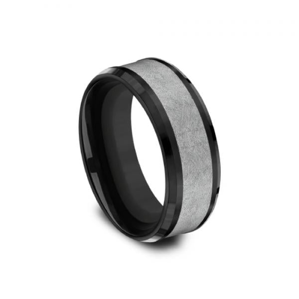 8mm black titanium and grey tantalum ring with swirl finish inlay