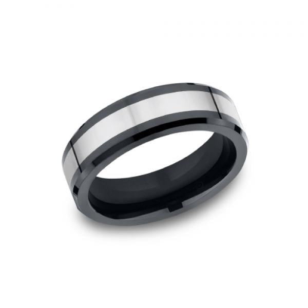 7mm black ceramic and tungsten inlay ring with high polish finish