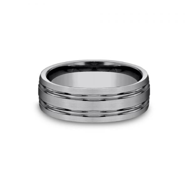 7mm satin finish tungsten ring with parallel lines inlay