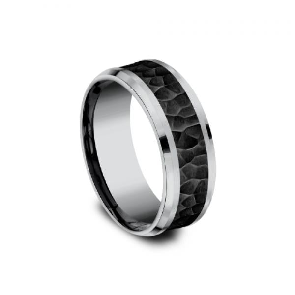 8mm grey tantalum and black titanium ring with hammer finish inlay