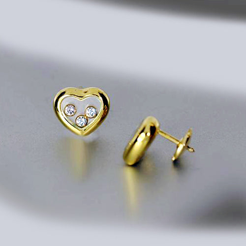 Estate 18k Yellow Gold Floating Diamonds Heart Shaped Stud Earrings
